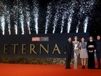 Kit Harington, Angelina Jolie, Chloé Zhao, Gemma Chan, and Richard Madden pose on the red carpet for the movie Eternals at the 16th edition of the Rome Film Fest. (AP Photo/Domenico Stinellis)(AP)