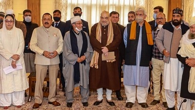 Union Home Minister Amit Shah meets a delegation of Sufi saints in Srinagar on Monday. (PTI PHOTO.) Union Home Minister Amit Shah meets a delegation of Sufi saints in Srinagar on Monday. (PTI PHOTO.)