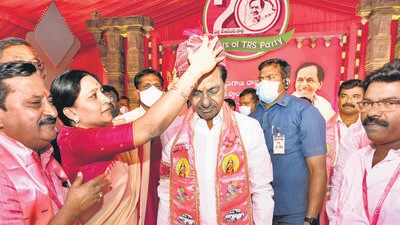 Telangana chief minister K Chandrashekar Rao during TRS Plenary to mark 20th anniversary of party formation day in Hyderabad on Monday. (ANI) Telangana chief minister K Chandrashekar Rao during TRS Plenary to mark 20th anniversary of party formation day in Hyderabad on Monday. (ANI)
