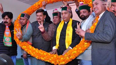 Chief minister Jai Ram Thakur campaigning for Mandi BJP candidate Brigadier Khushal Thakur (retd) in Kinnaur on Monday. (HT Photo)