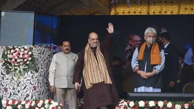 Union home minister Amit Shah before his address in Srinagar on Monday. (Waseem Andrabi/HT Photo) Union home minister Amit Shah before his address in Srinagar on Monday. (Waseem Andrabi/HT Photo)