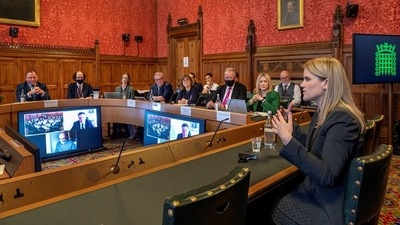 Former Facebook employee Frances Haugen gives evidence to a UK Parliament committee that is examining plans to regulate social media companies, in London, Britain. (via Reuters)