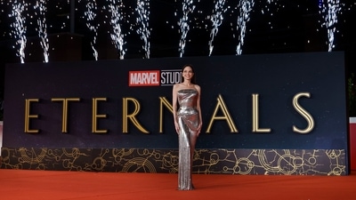 Angelina Jolie poses on the red carpet for the movie Eternals at the 16th edition of the Rome Film Fest in Rome on Sunday. (AP Photo/Domenico Stinellis) (AP) Angelina Jolie poses on the red carpet for the movie Eternals at the 16th edition of the Rome Film Fest in Rome on Sunday. (AP Photo/Domenico Stinellis) (AP)