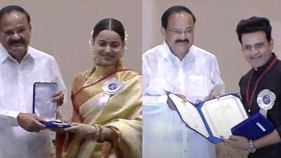 Kangana Ranaut and Manoj Bajpayee get their National Film Awards 2021. Kangana Ranaut and Manoj Bajpayee get their National Film Awards 2021. 