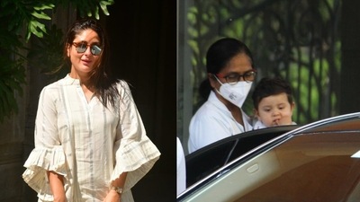 Kareena Kapoor and Jeh Ali Khan were spotted outside Randhir Kapoor's house. (Varinder Chawla) Kareena Kapoor and Jeh Ali Khan were spotted outside Randhir Kapoor's house. (Varinder Chawla)