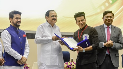 Actor Manoj Bajpayee receives the Best Actor award from Vice President M Venkaiah Naidu at the 67th National Film Awards presentation ceremony. (PTI) Actor Manoj Bajpayee receives the Best Actor award from Vice President M Venkaiah Naidu at the 67th National Film Awards presentation ceremony. (PTI)