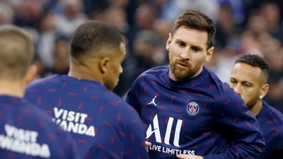 Paris St Germain's Lionel Messi during the warm-up before the match against Marseille. (REUTERS)
