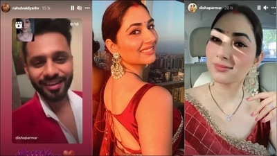 Taking to his social media handle, Rahul shared a video where his wife was seen breaking the nirjal vrat or day long fast after sighting the moon on Karva Chauth and connecting with him for the customary rituals through a video call. Rahul Vaidya captioned the video, “speechless.” (Instagram/dishaparmar)