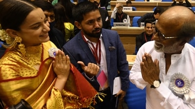 Kangana Ranaut greets Rajinikanth as they attend the 67th National Film Awards and Dadasaheb Phalke Awards 2019 held in New Delhi. (AFP) Kangana Ranaut greets Rajinikanth as they attend the 67th National Film Awards and Dadasaheb Phalke Awards 2019 held in New Delhi. (AFP)