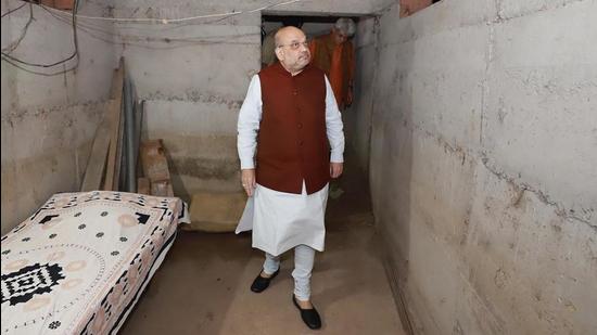 Union home minister Amit Shah inspects a bunker during a visit to Maqwal on the Jammu border on Sunday. He wraps up his Jammu and Kashmir visit on Monday. (PTI)