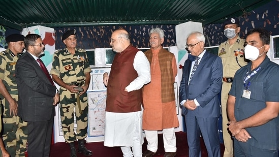 Union home minister Amit Shah interacts with BSF soldiers on Sunday.