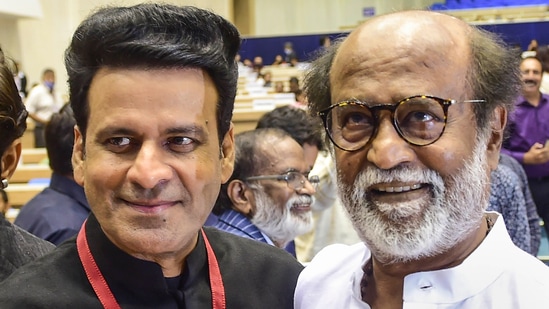 Rajinikanth and Manoj Bajpayee at the 67th National Film Awards presentation ceremony. (PTI)