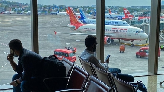 An Air India aircraft is pictured at a terminal of the Mumbai airport. The Navratri festival boosted traffic at the airport, pushing it towards pre-Covid times. (AFP/File)