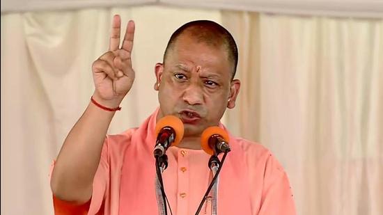 Uttar Pradesh chief minister Yogi Adityanath addressing a gathering in Siddharthnagar after the inauguration of nine medical colleges. (ANI PHOTO)