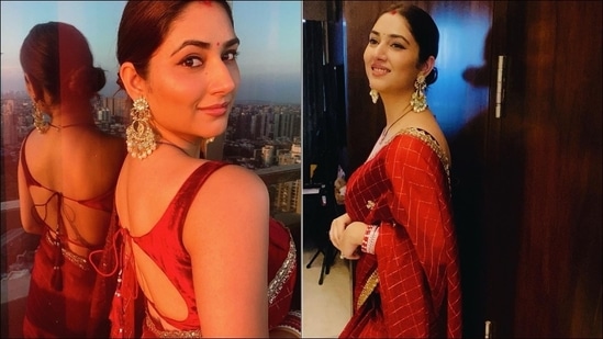 Accessorising her look with a pair of statement earrings, a red bindi, tinge of vermillion on forehead and a set of red and white bangles, Disha pulled back her silky tresses into a low mid-parted bun.(Instagram/dishaparmar)