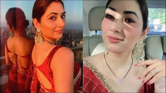 Taking to her social media handle, the Indian television actor shared a slew of pictures and videos featuring her dolled up in an apple red organza saree that came ith woven zari checks along with a matching cut sleeves blouse.(Instagram/dishaparmar)