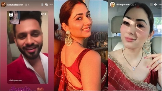 Taking to his social media handle, Rahul shared a video where his wife was seen breaking the nirjal vrat or day long fast after sighting the moon on Karva Chauth and connecting with him for the customary rituals through a video call. Rahul Vaidya captioned the video, “speechless.”(Instagram/dishaparmar)