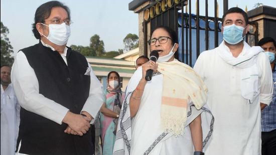 Former Uttar Pradesh Congress leaders Rajesh Pati Tripathi and son Lalitesh Pati Tripathi joined the Trinamool Congress (TMC) in the presence of West Bengal chief minister Mamata Banerjee in Siliguri on Monday (PTI) Former Uttar Pradesh Congress leaders Rajesh Pati Tripathi and son Lalitesh Pati Tripathi joined the Trinamool Congress (TMC) in the presence of West Bengal chief minister Mamata Banerjee in Siliguri on Monday (PTI)