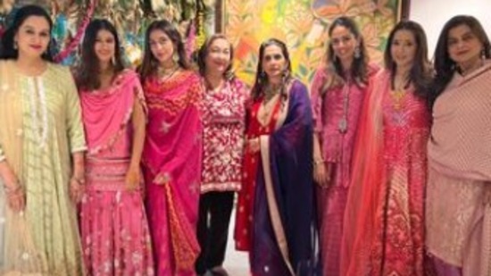 Padmini Kolhapure, late actor Rishi Kapoor's sister Rima Jain, Shahid Kapoor's wife Mira Rajput, film producer Krishika Lulla, among other celebrities, celebrated Karwa Chauth at Anil Kapoor's house.