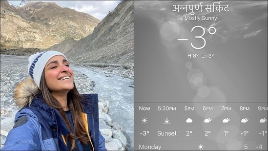 From meditating on hilltops to playing football with local kids, the Bollywood actor seems to be having a blast on her serene getaway and her pictures are giving us serious travel FOMO, especially the latest “snowburnt” ones from Annapurna Circuit which recently threw open its gates for vaccinated tourists amid Covid-19.(Instagram/parineetichopra)