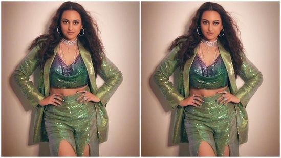 Recently, Sonakshi featured in a photoshoot for which she slipped into a retro-inspired custom power suit adorned in neon holographic shades and sequinned embellishments. Celebrity stylist Mohit Rai conceptualised the star's look, which is from the shelves of Nikita Karizma's label.(Instagram/@mohitrai)