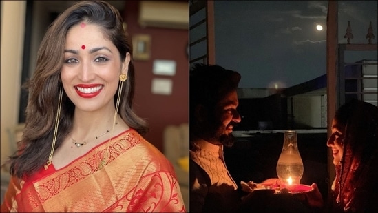 After an intimate wedding in the mountains this year, Bollywood actor Yami Gautam and director Aditya Dhar were evidently excited for their first Karva Chauth but the diva's happiness was uncontained as she gave a contemporary twist to the traditional mangalsutra and flaunted one from Bvlgari.(Instagram/yamigautam)