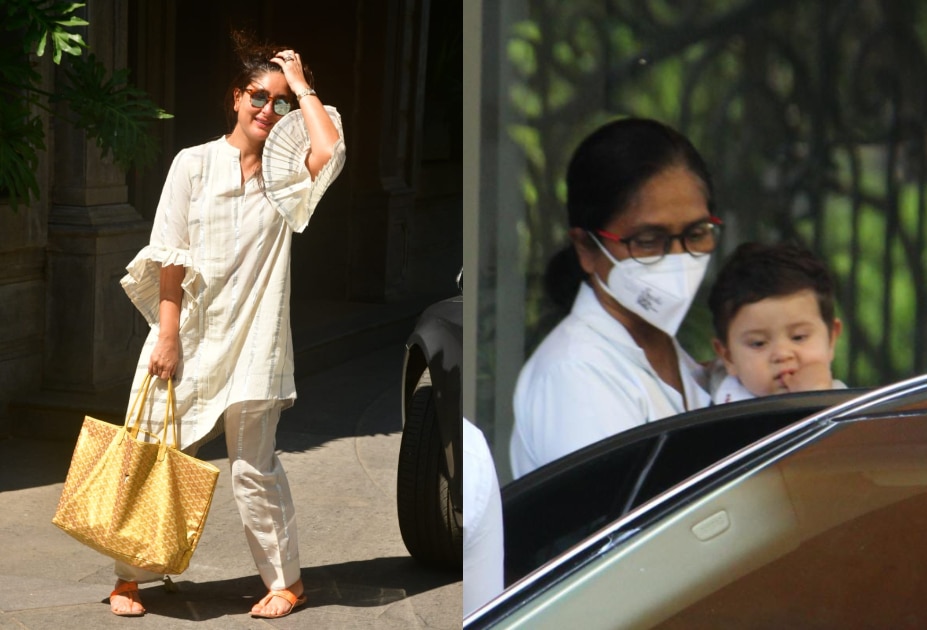 Kareena Kapoor and Jeh clicked outside Randhir Kapoor's house in Mumbai.(Varinder Chawla)