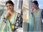 The festive season means revamping your wardrobe to create some standout fashion moments. And in case you are in a fix right now, Kajal Aggarwal's gorgeous look in a printed anarkali set will definitely revamp your wardrobe. The star wore the ensemble for the Karva Chauth celebrations with her husband, Gautam Kitchlu.(Instagram/@sayali_vidya)