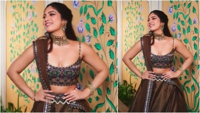 Sharing the photos on her Instagram handle, she captioned it, "I love wearing lehengas and dancing to Bollywood songs #DesiGirl." (Instagram/@bhumipednekar)