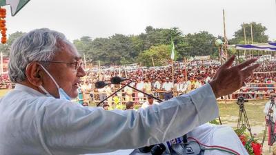 Bihar chief minister Nitish Kumar addresses a bye- election rally at Tarapur assembly constituency, in Munger on Monday. Ruling JD(U), main Opposition RJD are gearing up for an intense fight in the October 30 bye-polls. (PTI) Bihar chief minister Nitish Kumar addresses a bye- election rally at Tarapur assembly constituency, in Munger on Monday. Ruling JD(U), main Opposition RJD are gearing up for an intense fight in the October 30 bye-polls. (PTI)