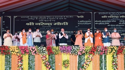 Prime Minister Narendra Modi at the launch of the PM Ayushman Bharat Health Infrastructure Mission, in Varanasi along with Uttar Pradesh Governor Anandiben Patel, Union Minister for Health and Family Welfare, Chemicals and Fertilizers Mansukh Mandaviya, Chief Minister Yogi Adityanath, and other dignitaries. (ANI)