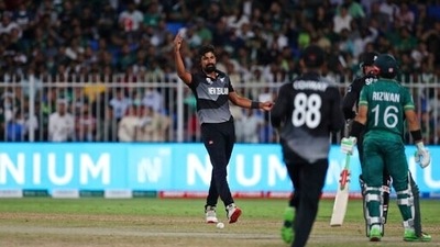 New Zealand's Ish Sodhi, left, celebrates the dismissal of Pakistan's Mohammad Rizwan during the Cricket Twenty20 World Cup match between New Zealand and Pakistan in Sharjah, UAE, Tuesday, Oct. 26, 2021. (AP Photo/Aijaz Rahi) (AP) New Zealand's Ish Sodhi, left, celebrates the dismissal of Pakistan's Mohammad Rizwan during the Cricket Twenty20 World Cup match between New Zealand and Pakistan in Sharjah, UAE, Tuesday, Oct. 26, 2021. (AP Photo/Aijaz Rahi) (AP)