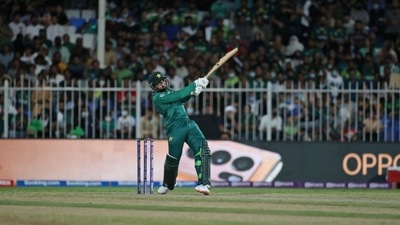 Pakistan's Asif Ali hits a six during the Cricket Twenty20 World Cup match between New Zealand and Pakistan in Sharjah, UAE, Tuesday, Oct. 26, 2021. (AP Photo/Aijaz Rahi) (AP) Pakistan's Asif Ali hits a six during the Cricket Twenty20 World Cup match between New Zealand and Pakistan in Sharjah, UAE, Tuesday, Oct. 26, 2021. (AP Photo/Aijaz Rahi) (AP)