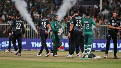 Pakistan's Asif Ali, center, and Pakistan's Shoaib Malik greet New Zealand's players at the end of the Cricket Twenty20 World Cup match between New Zealand and Pakistan in Sharjah, UAE, Tuesday, Oct. 26, 2021. (AP Photo/Aijaz Rahi) (AP) Pakistan's Asif Ali, center, and Pakistan's Shoaib Malik greet New Zealand's players at the end of the Cricket Twenty20 World Cup match between New Zealand and Pakistan in Sharjah, UAE, Tuesday, Oct. 26, 2021. (AP Photo/Aijaz Rahi) (AP)