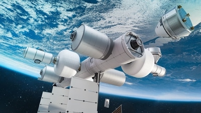 This artist's illustration, courtesy of Blue Origin, obtained October 25, 2021, shows the core module of Orbital Reef.&nbsp; (AFP)