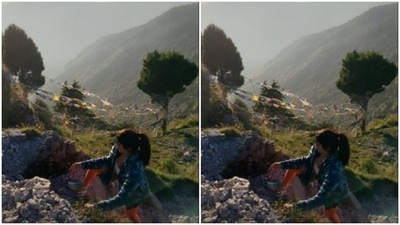 Janhvi layered her look in the hills with a blue jacket as she made her way up through the rocks. (Instagram/@janhvikapoor)