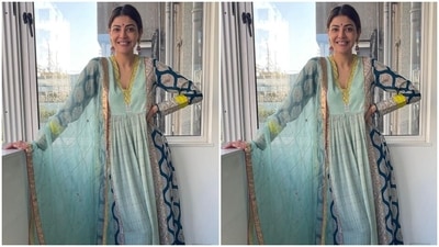 The traditional set features an anarkali kurta adorned with prints in pastel green, deep blue, and yellow shades. It came decorated with patti borders, floral patterns, a fit-and-flare silhouette, long sleeves, and a plunging V neckline. (Instagram/@sayali_vidya)