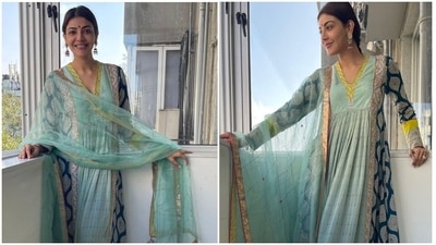 Kajal teamed the kurta with deep blue wide-leg pants adorned with embellished gota patti and scalloped hem. A zari dupatta featuring two-way gold and yellow borders and multi-coloured tassels rounded off Kajal's Karva Chauth ensemble. (Instagram/@sayali_vidya)