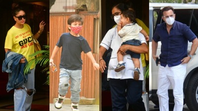 Kareena Kapoor, Saif Ali Khan and their children Taimur Ali Khan and Jeh Ali Khan were clicked at the private jet terminal in Mumbai. (Varinder Chawla) 