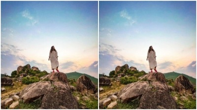 Dressed in a white long kurta, Nushrratt climbed a huge rock and spread her arms to the wind. (Instagram/@nushrrattbharuccha) Dressed in a white long kurta, Nushrratt climbed a huge rock and spread her arms to the wind. (Instagram/@nushrrattbharuccha)