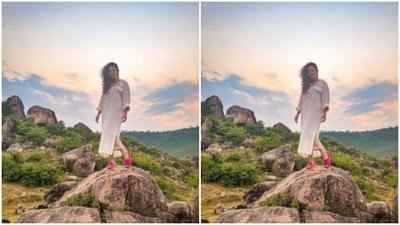 In the midst of rocks, hills and a lot of greenery, Nushrratt set higher travel goals for us. (Instagram/@nushrrattbharuccha) In the midst of rocks, hills and a lot of greenery, Nushrratt set higher travel goals for us. (Instagram/@nushrrattbharuccha)