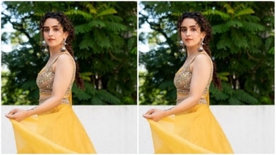 Sanya picked the ensemble from the wardrobe of fashion designer Ridhima Bhasin. The lehenga blouse is embedded with silver mini mirrors. (Instagram/@sanyamalhotra_) Sanya picked the ensemble from the wardrobe of fashion designer Ridhima Bhasin. The lehenga blouse is embedded with silver mini mirrors. (Instagram/@sanyamalhotra_)