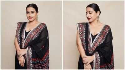 Vidya Balan blends contemporary and traditional in a handwoven black saree (Instagram/@who_wore_what_when) Vidya Balan blends contemporary and traditional in a handwoven black saree (Instagram/@who_wore_what_when)