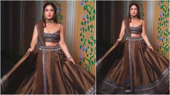 For jewellery, Bhumi Pednekar wore a choker made of colourful uncut diamonds, statement earrings and bangles on her left wrist.(Instagram/@bhumipednekar)