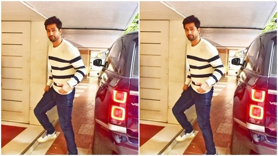Vicky sported a white and navy blue sweatshirt and teamed it with a pair of navy blue trousers.(HT Photos/Varinder Chawla)