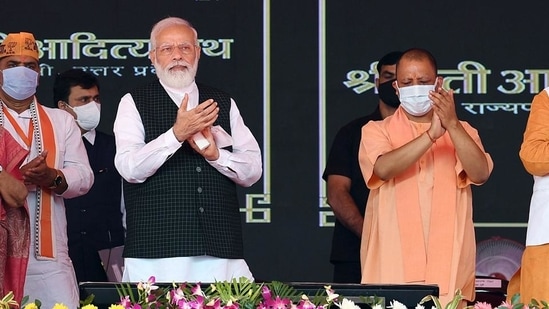 Prime Minister Narendra Modi and Uttar Pradesh chief minister Yogi Adityanath at the launch of Ayushman Bharat Health Infrastructure Mission, in Varanasi. PM Atmanirbhar Swasth Bharat Yojana was renamed to bring it under the ambit of Ayushman Bharat.(ANI)