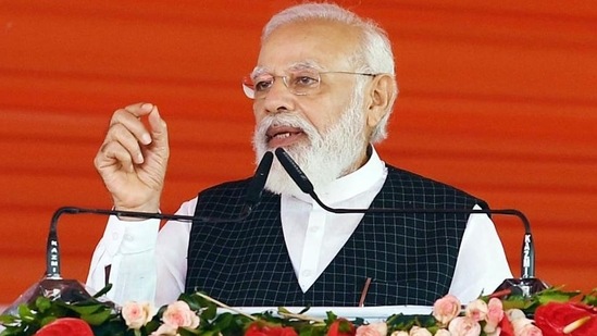 Prime Minister Narendra Modi gives a speech during the inauguration of the nine medical colleges, in Siddharthnagar.(ANI)
