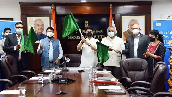 Union minister for civil aviation Jyotiraditya M. Scindia virtually flags off the Shillong-Dibrugarh flight, in New Delhi on Tuesday. (ANI ) Union minister for civil aviation Jyotiraditya M. Scindia virtually flags off the Shillong-Dibrugarh flight, in New Delhi on Tuesday. (ANI )
