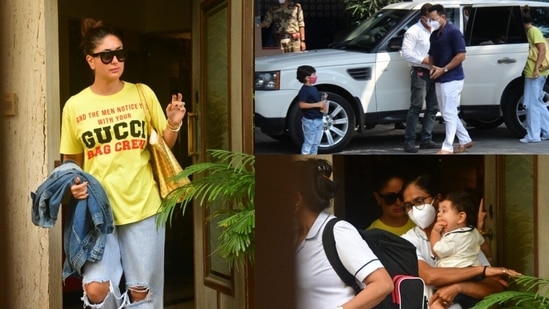 Kareena Kapoor, Saif Ali Khan and their sons, Taimur and Jeh, spotted at the airport in Mumbai. (Varinder Chawla. ) Kareena Kapoor, Saif Ali Khan and their sons, Taimur and Jeh, spotted at the airport in Mumbai. (Varinder Chawla. )