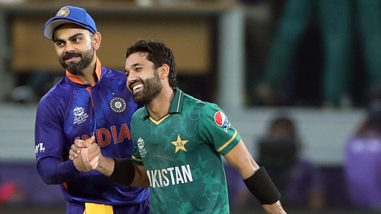 India's captain Virat Kohli shares a light moment while congratulating Pakistan's Mohammad Rizwan after Pakistan won ICC men's Twenty20 World Cup cricket match against India, at the Dubai International Cricket Stadium, in Dubai on Sunday.(ANI ) India's captain Virat Kohli shares a light moment while congratulating Pakistan's Mohammad Rizwan after Pakistan won ICC men's Twenty20 World Cup cricket match against India, at the Dubai International Cricket Stadium, in Dubai on Sunday.(ANI )